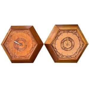 1960's Hexagon Wood & Tooled Leather Wall Clocks – Working Pair